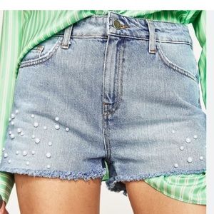 Zara | Pearl embellished front high rise denim jean shorts